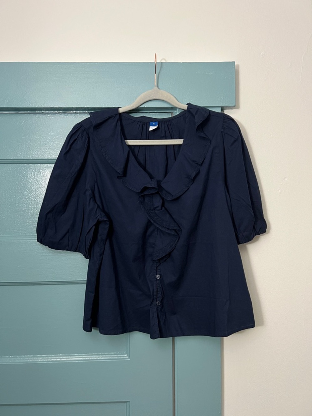 Old Navy Navy Ruffle-Front Puff Sleeve Blouse
